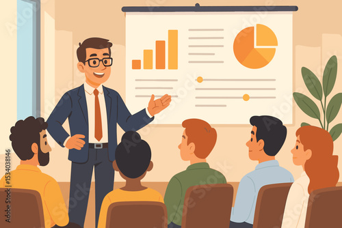 Business presentation at a seminar with a speaker presenting data analysis charts. Man coach at a conference or workshop. Corporate team training, meeting and communication concept.