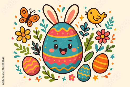 Happy Easter greeting card design. Cute kawaii egg with bunny ears character. Spring holiday celebration elements. Cartoon vector illustration with chick, butterfly, flowers.