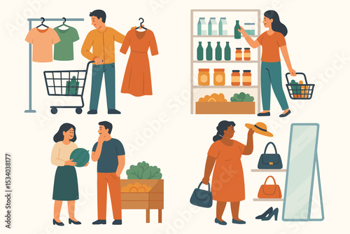 People shopping vector illustration set. Characters buying clothes, groceries, and fashion accessories. Man and woman in retail store, supermarket, and market. Consumerism concept.