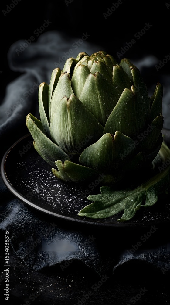 Obraz premium Artichoke in dramatic lighting on a black plate