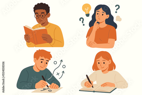 Diverse students learning collection. Young people reading book, woman thinking with lightbulb idea, man planning strategy, girl writing in notebook. Education and study concept vector set.