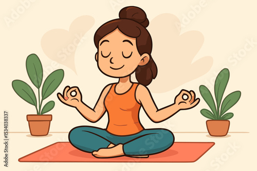 Cartoon woman meditating in lotus pose on a yoga mat. Girl practicing mindfulness and breathing exercise for relaxation and balance. Concept of healthy lifestyle, wellness, and mental health.
