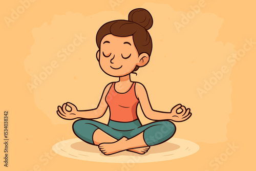 Cartoon woman meditating in yoga lotus pose. Mindfulness and relaxation concept. Healthy lifestyle for mental well-being and spiritual balance. Flat vector character illustration.