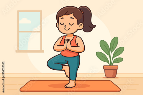Cute cartoon woman practicing yoga in tree pose at home. Girl standing in Vrikshasana asana on a mat for balance and meditation. Healthy lifestyle, wellness, and fitness vector.