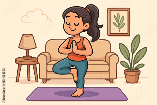 Cartoon woman practicing yoga in tree pose at home. Cute girl in Vrksasana asana on a mat in her living room. Concept of mindfulness, wellness, relaxation, and fitness.