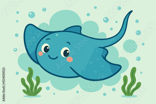 Cute cartoon stingray vector illustration. Adorable happy sea animal character swimming underwater with bubbles and seaweed. Kawaii marine life for kids, baby shower, nursery decor.