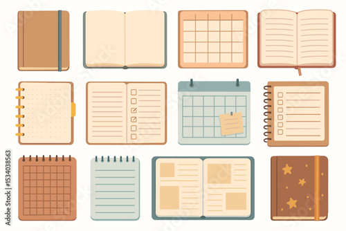 Notebook and planner vector collection. Set of cute flat icons of a diary, journal, calendar, and sketchbook. School and office stationery supplies for organization, study, and planning.