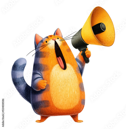 Cartoon cat yelling through megaphone transparent image. Striped kitty tabby talking loud message isolated cutout. Pet domestic animal bullhorn cut out clipart design element png