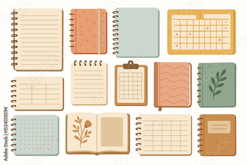 Cute notebook and planner collection. Vector set of journals, diaries, and memo pads for school and office. Flat cartoon stationery supplies for scrapbooking, study and organization.