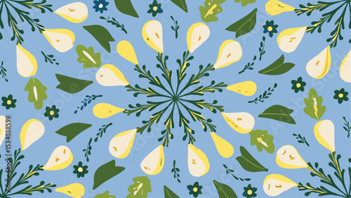 Illustration of stylized pears leaves and flowers arranged in a repeating pattern on a blue background