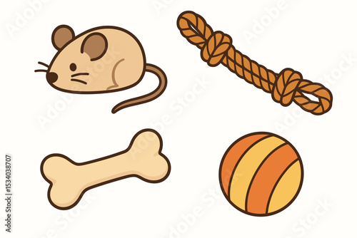 Pet toy icon set. Vector illustration of cute cartoon accessories for dogs and cats. Collection includes chew bone, rope toy, play ball, and mouse. Flat design for pet care.