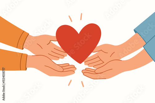 Charity and donation concept with hands giving and receiving a love heart. Vector illustration of support, compassion, kindness, generosity, volunteering and social help.