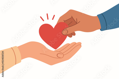 Hand giving red heart to another. Charity and donation concept. Vector illustration of volunteering, kindness, love, and support. Multiracial hands showing compassion and hope.