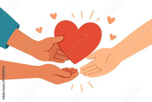 Hands giving a red heart to another. Concept of charity, donation, and generosity. Symbol of love, kindness, compassion, and support. Volunteering and philanthropy illustration.