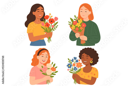 Set of happy diverse women holding flower bouquets. Collection of joyful multiethnic female characters with flowers. Concept for Women's Day, Mother's Day, friendship, gift.