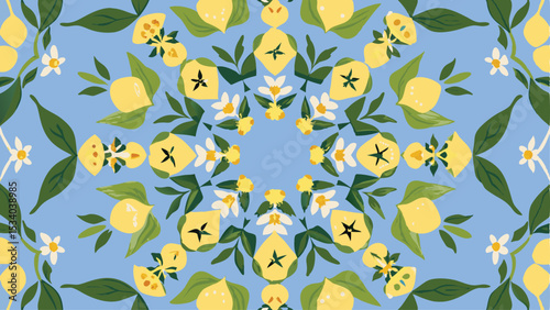 Symmetrical arrangement of lemons flowers and leaves on a light blue background creating a pattern design