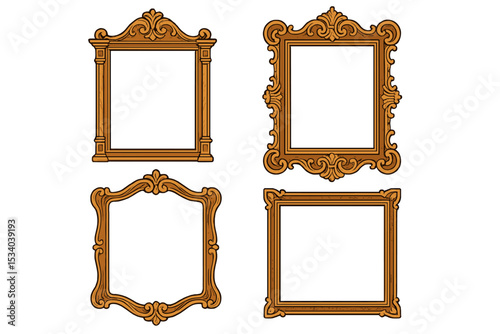 Ornate vintage wooden frame set. Collection of classic baroque picture borders. Decorative antique retro design elements for gallery, diploma, mirror. Vector art illustration.