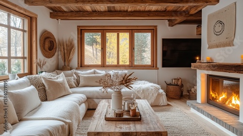 Farmhouse-style living room interior with a cozy sofa, fireplace, rustic wooden decor, and warm lighting 