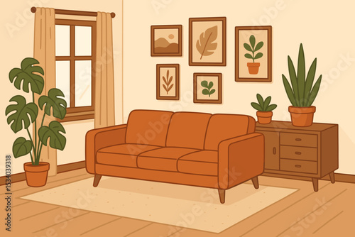 Cozy living room interior vector illustration. Stylish home decor background with modern furniture, sofa, and houseplants. Comfortable apartment flat cartoon scene with hygge concept.