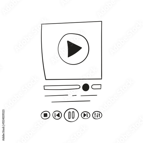 The doodle-style music panel of the media player. A hand-drawn sketch of a mobile player template for music, books, and podcasts