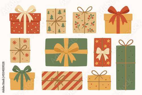 Vector collection of cute Christmas gift boxes. Hand drawn holiday presents with festive wrapping and bows. Isolated set of retro illustrations for winter celebration design elements.