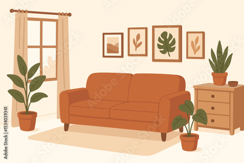 Cozy living room interior in flat design. Modern scandinavian style home with comfortable sofa, houseplants, and window. Vector illustration background for furniture and hygge decor.