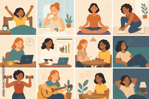 Woman's daily life routine scenes. Everyday activity collection from morning to night. Work-life balance, self-care, health, wellness, and lifestyle concept vector illustration.