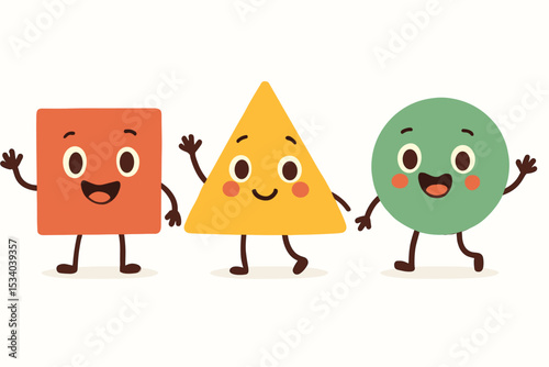 Happy geometric characters, cute cartoon shape mascots. Funny square, triangle and circle friends walking together. Basic shapes for kids education. Teamwork and friendship concept.