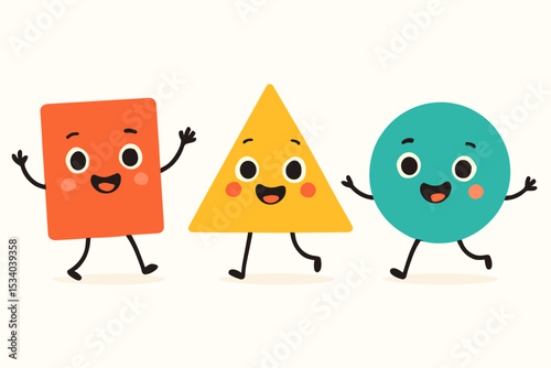 Cute geometric shapes characters. Happy walking friends. Basic geometry figures for kids. Cartoon triangle, square, circle mascot set. Funny emotive faces for education concept.