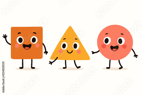 Cute geometric shape characters. Happy cartoon friends square, circle, and triangle with smiling faces. Basic figures for kids education and learning. Kawaii vector illustration.