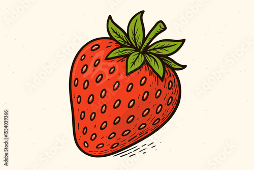 Vintage strawberry illustration in a retro hand-drawn style. Engraved woodcut vector of a single fresh fruit. Healthy organic food concept. Juicy red berry with green leaves.