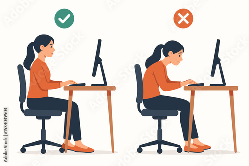 Correct and incorrect sitting posture infographic. Woman at desk with computer showing right vs wrong positions. Ergonomics for office work, spine health, back pain prevention.