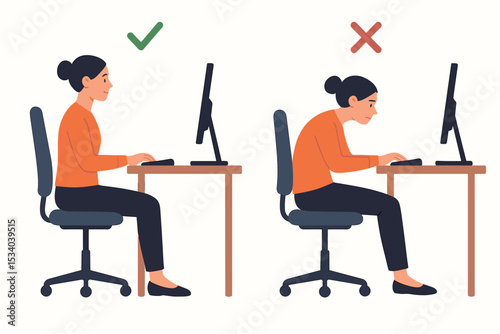 Correct versus incorrect sitting posture. Woman at office desk with computer. Ergonomic concept for good spine health. Right and wrong position to prevent back pain and neck problems.