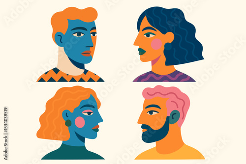 Collection of diverse people portraits in a modern flat illustration style. Trendy male and female faces with vibrant abstract colors. Multicultural society and communication concept.