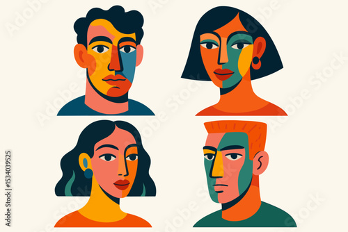 Set of diverse people portraits in a modern abstract style. Colorful vector illustration of men and women faces. Concept of community, multiculturalism, and teamwork. Contemporary art.