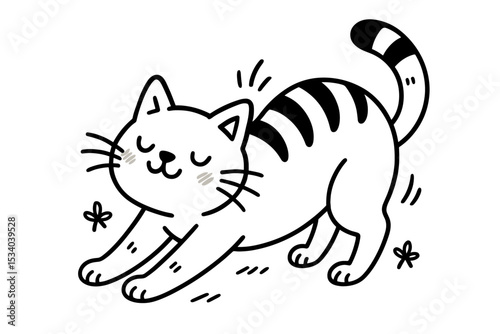 Cute stretching tabby cat doodle. Happy cartoon kitten waking up. Adorable animal pet character in morning stretch pose. Black and white line art vector illustration for kids.