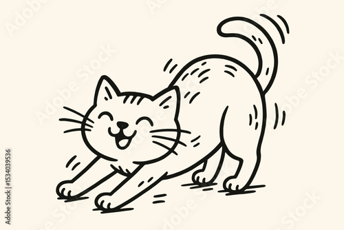 Cute stretching cat character doodle. Happy playful kitten in a morning stretch pose. Simple hand-drawn black and white vector illustration. Adorable funny pet animal mascot logo.