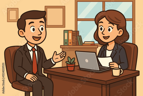 Business job interview vector illustration. Female HR manager or recruiter interviewing a smiling male applicant in the office. Concept for hiring, employment, career, and recruitment.
