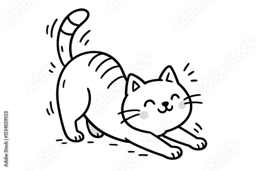 Cute stretching cat doodle. Simple kawaii kitten line art illustration. Happy feline animal character for coloring book. Minimalist pet outline drawing on white background.