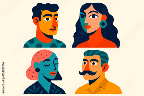 Collection of modern character avatars. Diverse faces of multicultural people. Flat design illustration portraits of men and women. Concept of community, inclusion, teamwork.
