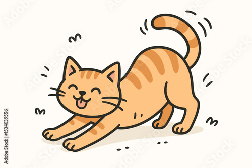 Cute ginger cat stretching with a happy face. Adorable orange tabby kitten character in a playful pose. Funny cartoon doodle animal vector illustration. Isolated domestic pet feline.