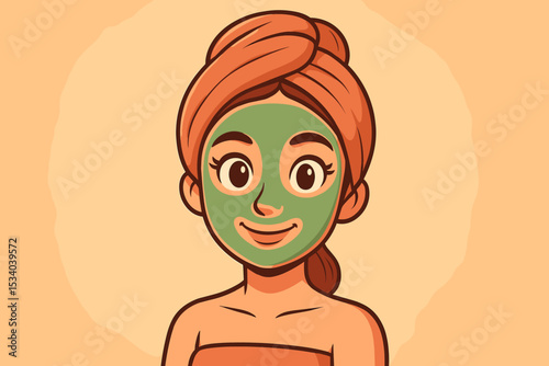 Woman with cosmetic clay face mask and towel. Beauty skin care routine concept. Cosmetology spa treatment for healthy skin. Self care and wellness cartoon vector illustration.