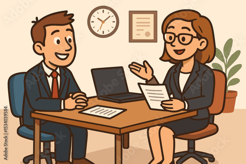 Job interview cartoon illustration. Female HR manager interviewing a male candidate in the office. Business concept for recruitment, hiring, employment, and career opportunities.