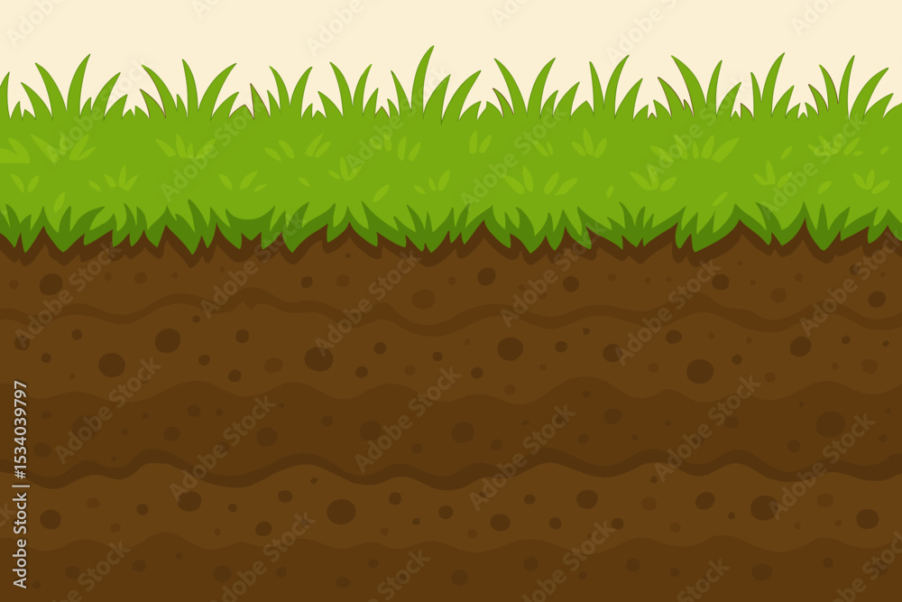 Seamless ground cross-section with green grass and soil layers. Cartoon vector illustration of underground earth. Nature background, ground texture for game level design, geology.