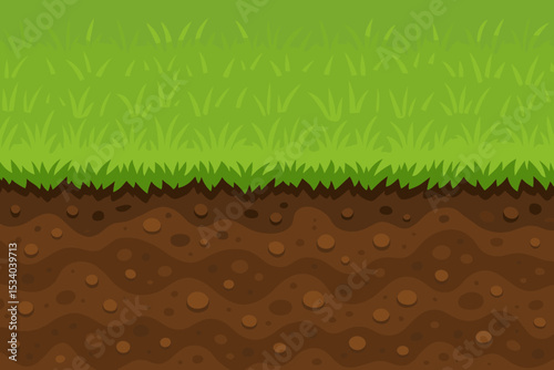 Cartoon underground cross-section with grass and soil layers. Seamless ground texture for game background. Vector illustration of earth, dirt, and stones. Nature landscape view.