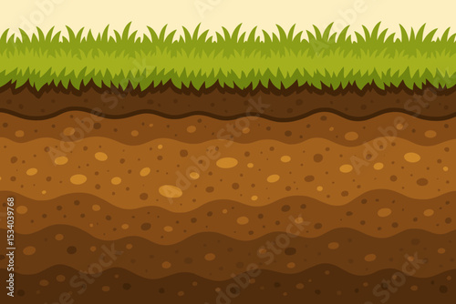 Underground cross-section of soil layers with green grass on top. Earth cutaway vector illustration showing ground profile with dirt, clay horizons, and stones. Geology science.