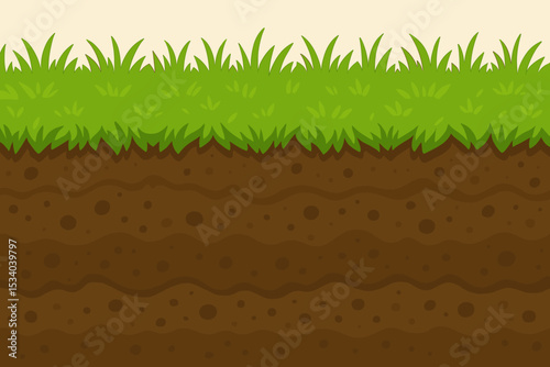 Seamless ground cross-section with green grass and soil layers. Cartoon vector illustration of underground earth. Nature background, ground texture for game level design, geology.