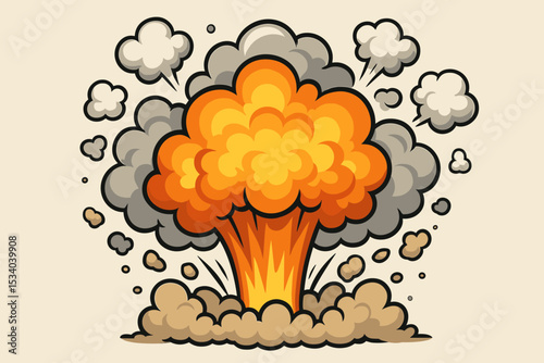 Cartoon explosion comic book style illustration. Boom blast effect with fire and smoke. Pop art bang symbol for design. Dynamic bomb burst cloud. Vector graphic element.