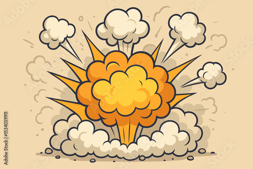 Cartoon explosion illustration in a pop art comic book style. Dynamic bomb blast effect with fire and smoke clouds. Boom, bang sound effect graphic. Retro vector design element.