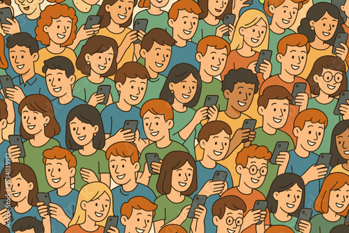 Large crowd of diverse young people using smartphones. Seamless pattern background. Concept of social media, digital addiction, generation Z and online communication vector art.